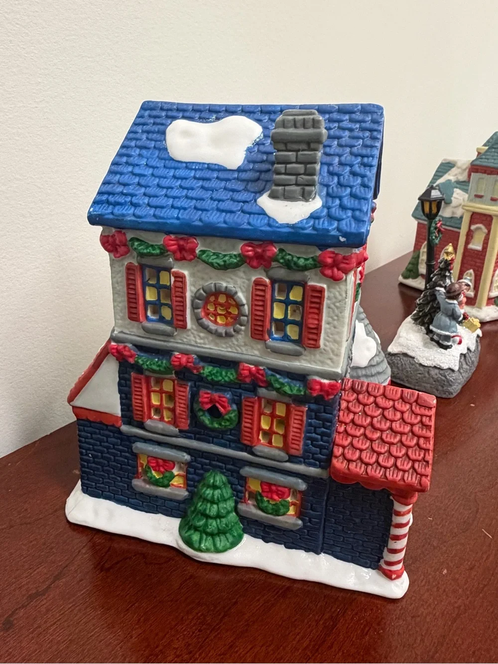 Holiday Village Train and Decorative Houses - Red, Green, Blue